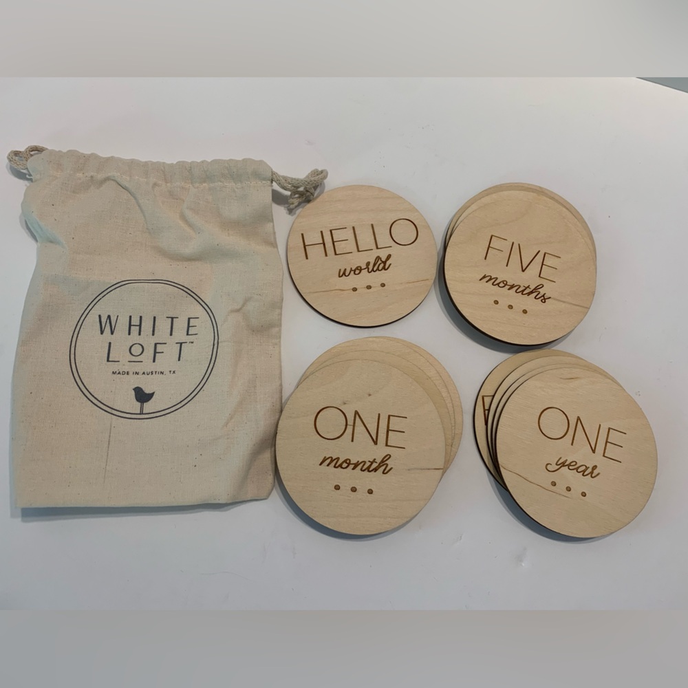 White Loft Laser Engraved Wooden Milestone Markers Birth to 12 Months Photos